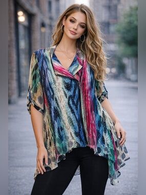 Feratelli Sheer Multicolor Tunic Blouse Small Asymmetrical Zip Front